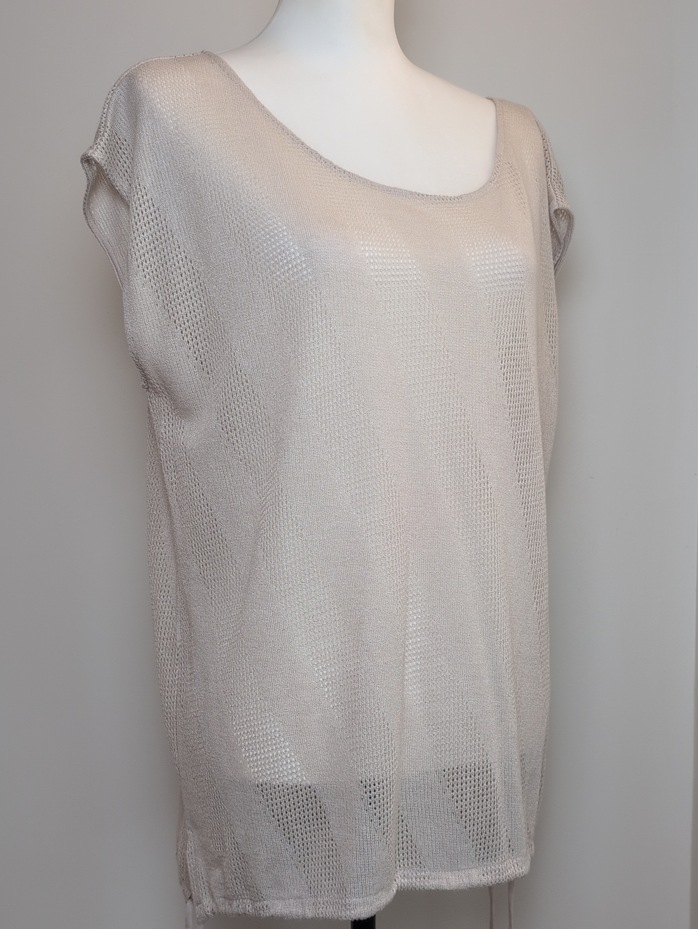 DKNY Open-Knit Scoop Neck Diagonal Stripe Drawstring Hem Sleeveless Tunic Top